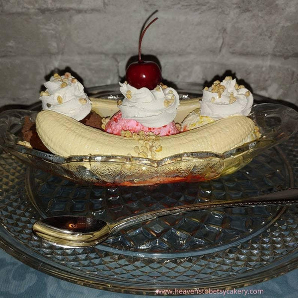 FAKE Banana Split Sundae in Vintage Heavy Glass Dessert Dish - Heavens To Betsy Cakery