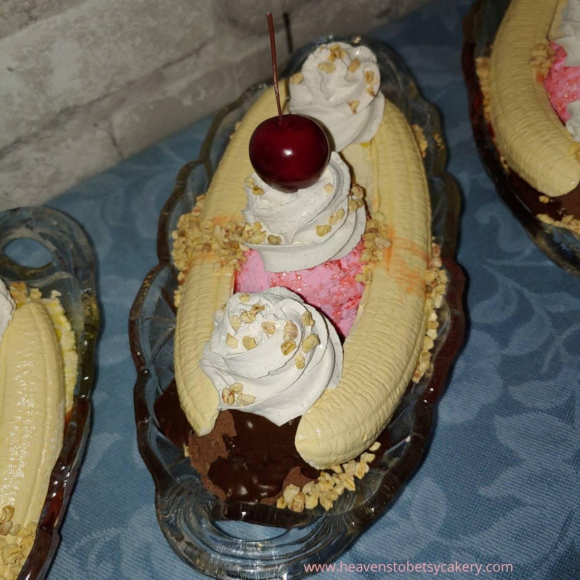 FAKE Banana Split Sundae in Vintage Heavy Glass Dessert Dish - Heavens To Betsy Cakery