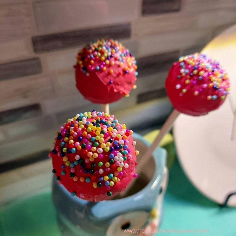 FAKE Dark Pink Cake Pops with Nonpareils - Heavens To Betsy Cakery