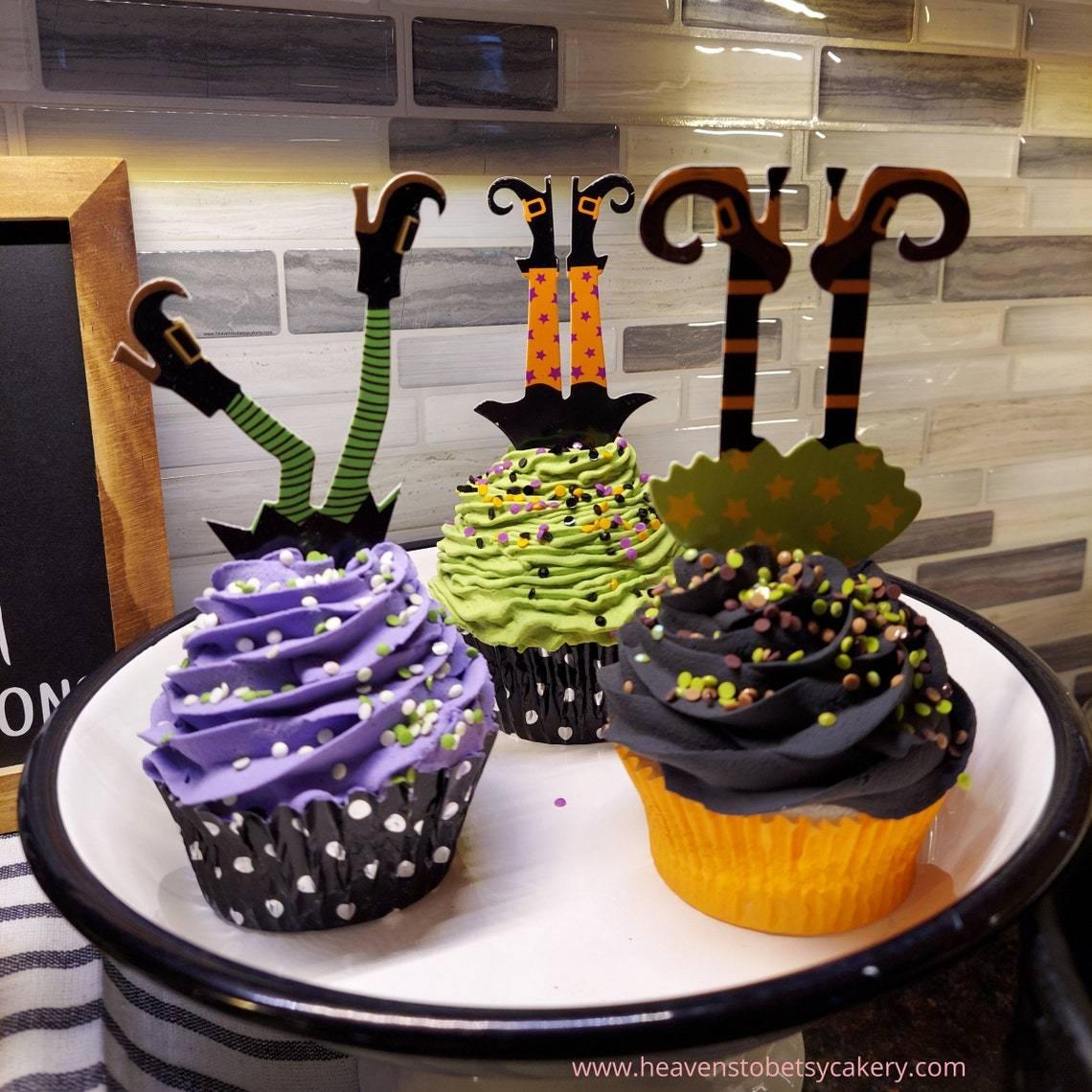 FAKE Halloween Cupcake Black Icing w/Witches Legs - Heavens To Betsy Cakery