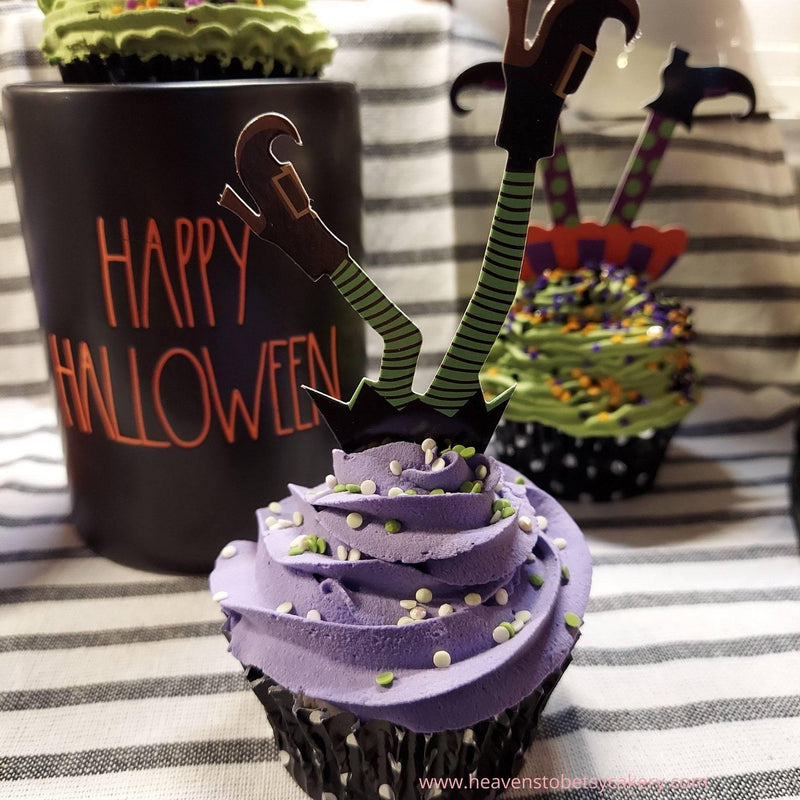 FAKE Halloween Cupcake Grape Icing w/Witches Legs - Heavens To Betsy Cakery