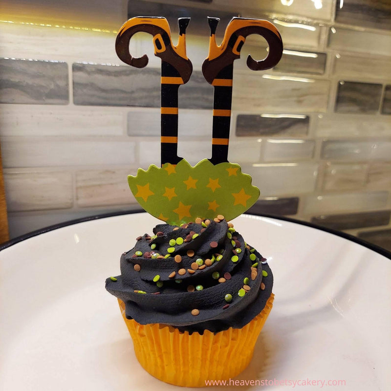 FAKE Halloween Cupcake Black Icing w/Witches Legs - Heavens To Betsy Cakery