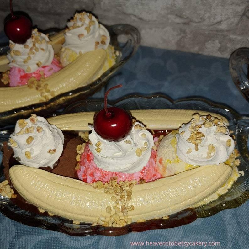 FAKE Banana Split Sundae in Vintage Heavy Glass Dessert Dish - Heavens To Betsy Cakery