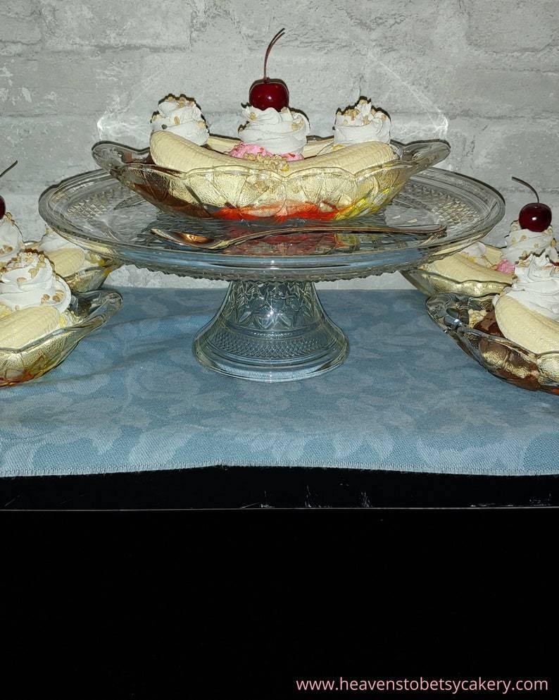 FAKE Banana Split Sundae in Vintage Heavy Glass Dessert Dish - Heavens To Betsy Cakery