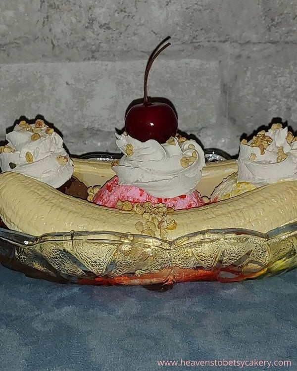 FAKE Banana Split Sundae in Vintage Heavy Glass Dessert Dish - Heavens To Betsy Cakery