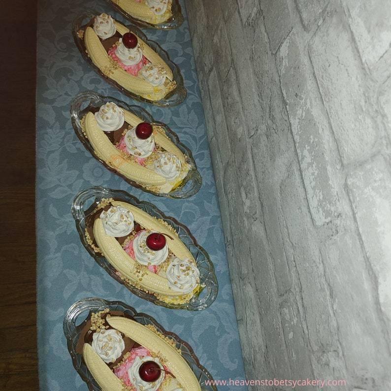 FAKE Banana Split Sundae in Vintage Heavy Glass Dessert Dish - Heavens To Betsy Cakery