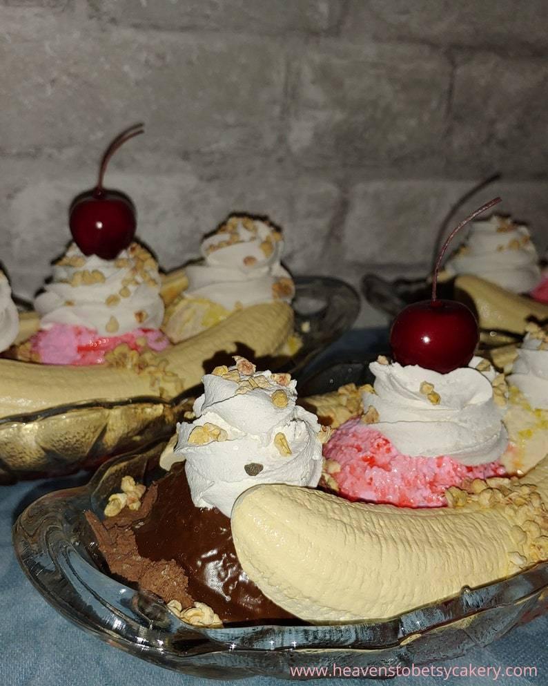 FAKE Banana Split Sundae in Vintage Heavy Glass Dessert Dish - Heavens To Betsy Cakery