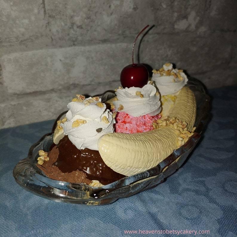 FAKE Banana Split Sundae in Vintage Heavy Glass Dessert Dish - Heavens To Betsy Cakery