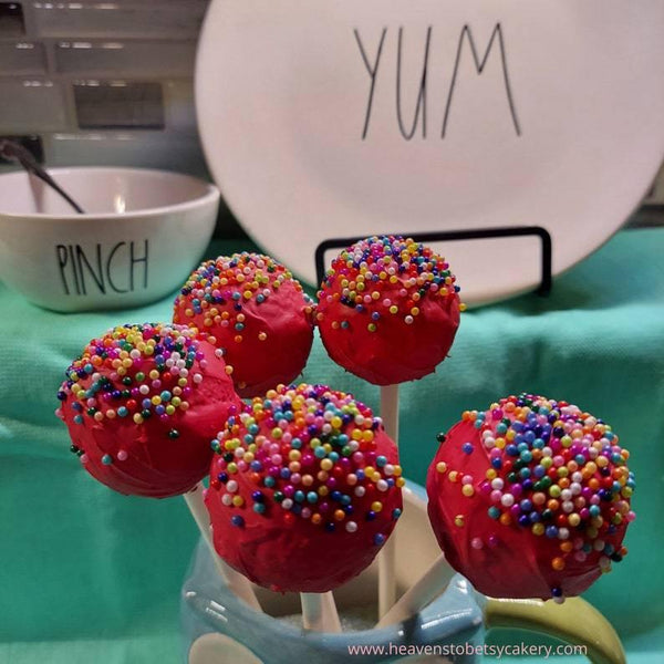 FAKE Dark Pink Cake Pops with Nonpareils - Heavens To Betsy Cakery