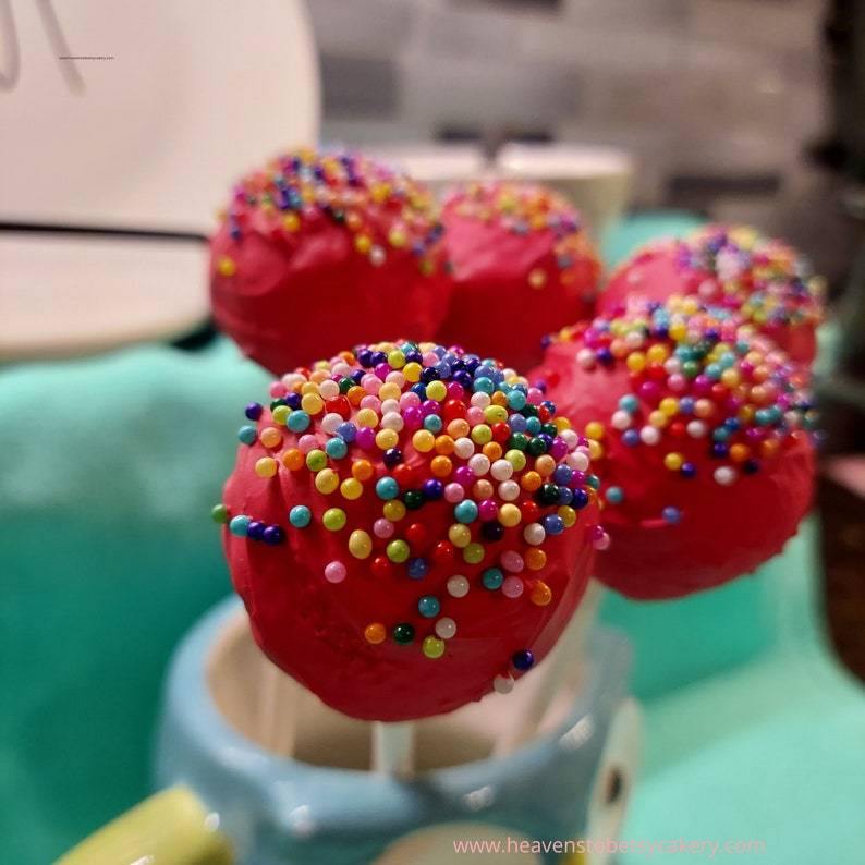 FAKE Dark Pink Cake Pops with Nonpareils - Heavens To Betsy Cakery