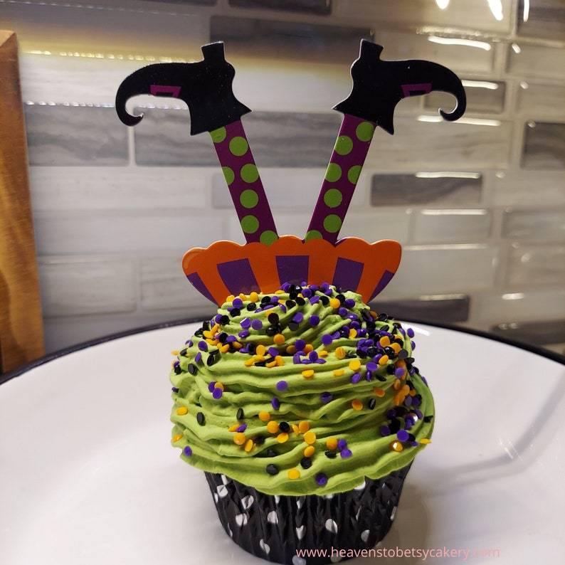 FAKE Halloween Cupcake Lime Green Icing w/Witches Legs - Heavens To Betsy Cakery