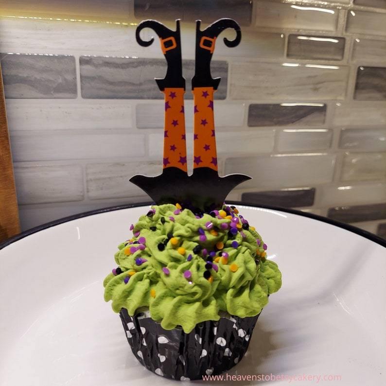 FAKE Halloween Cupcake Lime Green Icing w/Witches Legs - Heavens To Betsy Cakery