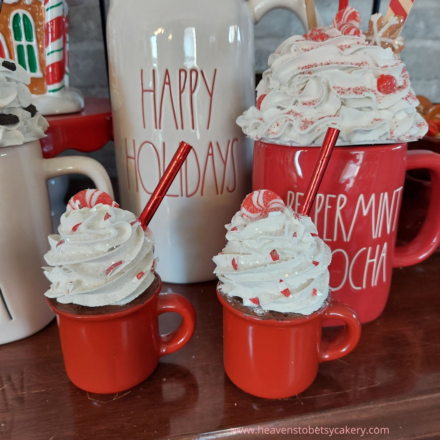 Peppermint Candy Topper w/Mini Mug - Rae Dunn inspired, Tiered Tray, Farmhouse Decor, Fake Whipped Cream, Christmas Decor, Mugs, Cookies