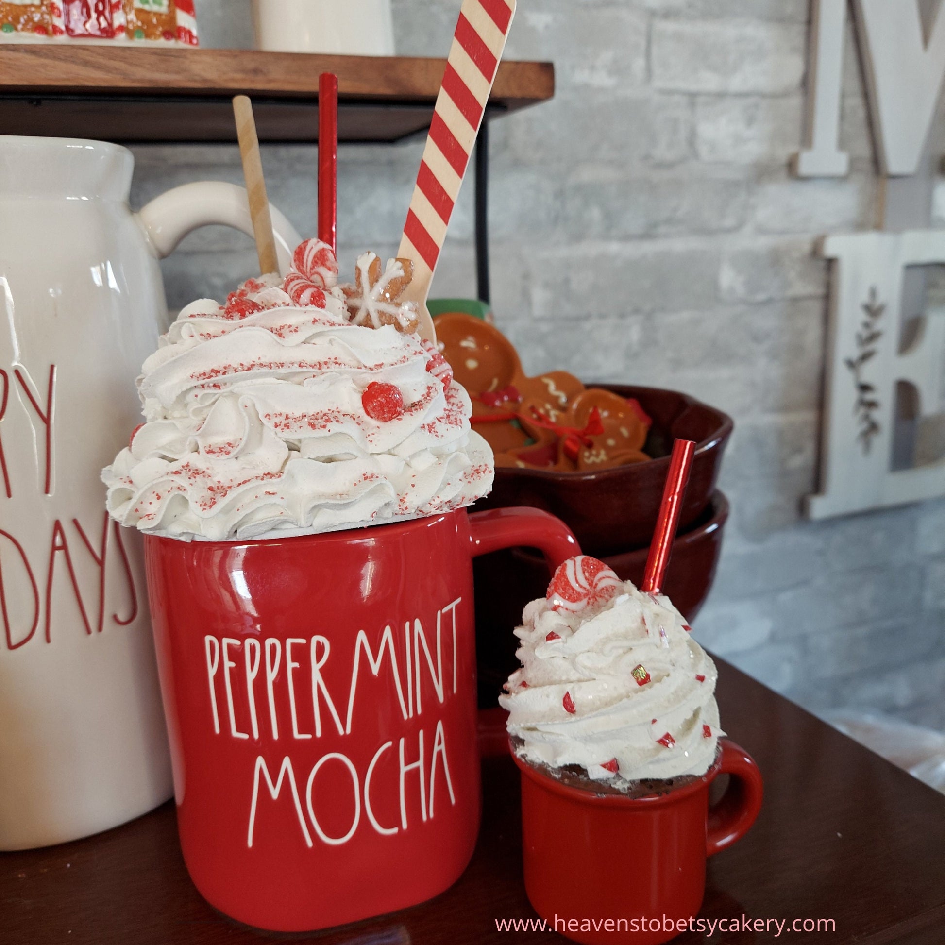 Peppermint Candy Topper w/Mini Mug - Rae Dunn inspired, Tiered Tray, Farmhouse Decor, Fake Whipped Cream, Christmas Decor, Mugs, Cookies