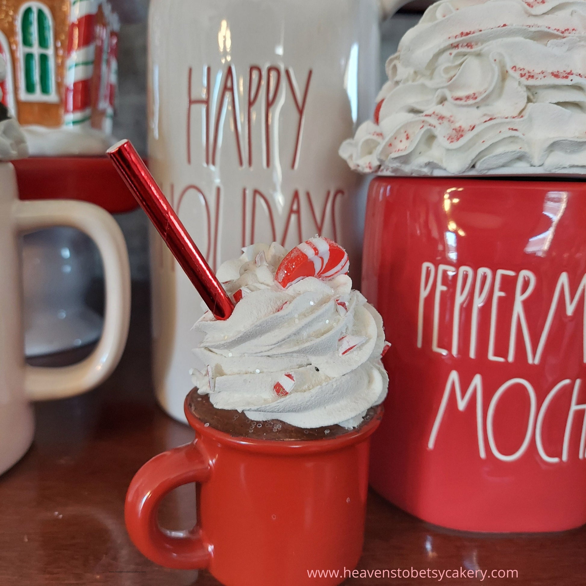 Peppermint Candy Topper w/Mini Mug - Rae Dunn inspired, Tiered Tray, Farmhouse Decor, Fake Whipped Cream, Christmas Decor, Mugs, Cookies