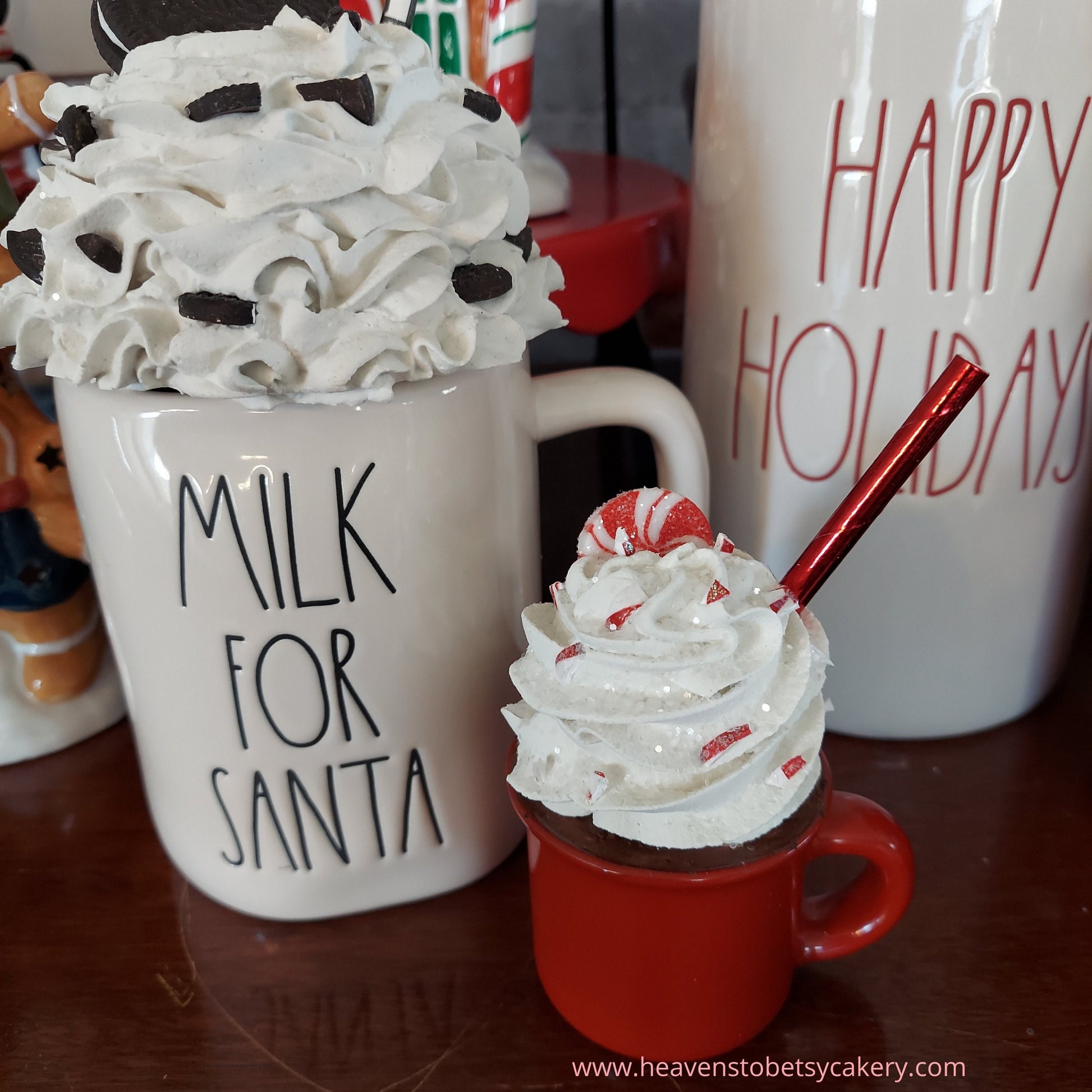 Peppermint Candy Topper w/Mini Mug - Rae Dunn inspired, Tiered Tray, Farmhouse Decor, Fake Whipped Cream, Christmas Decor, Mugs, Cookies