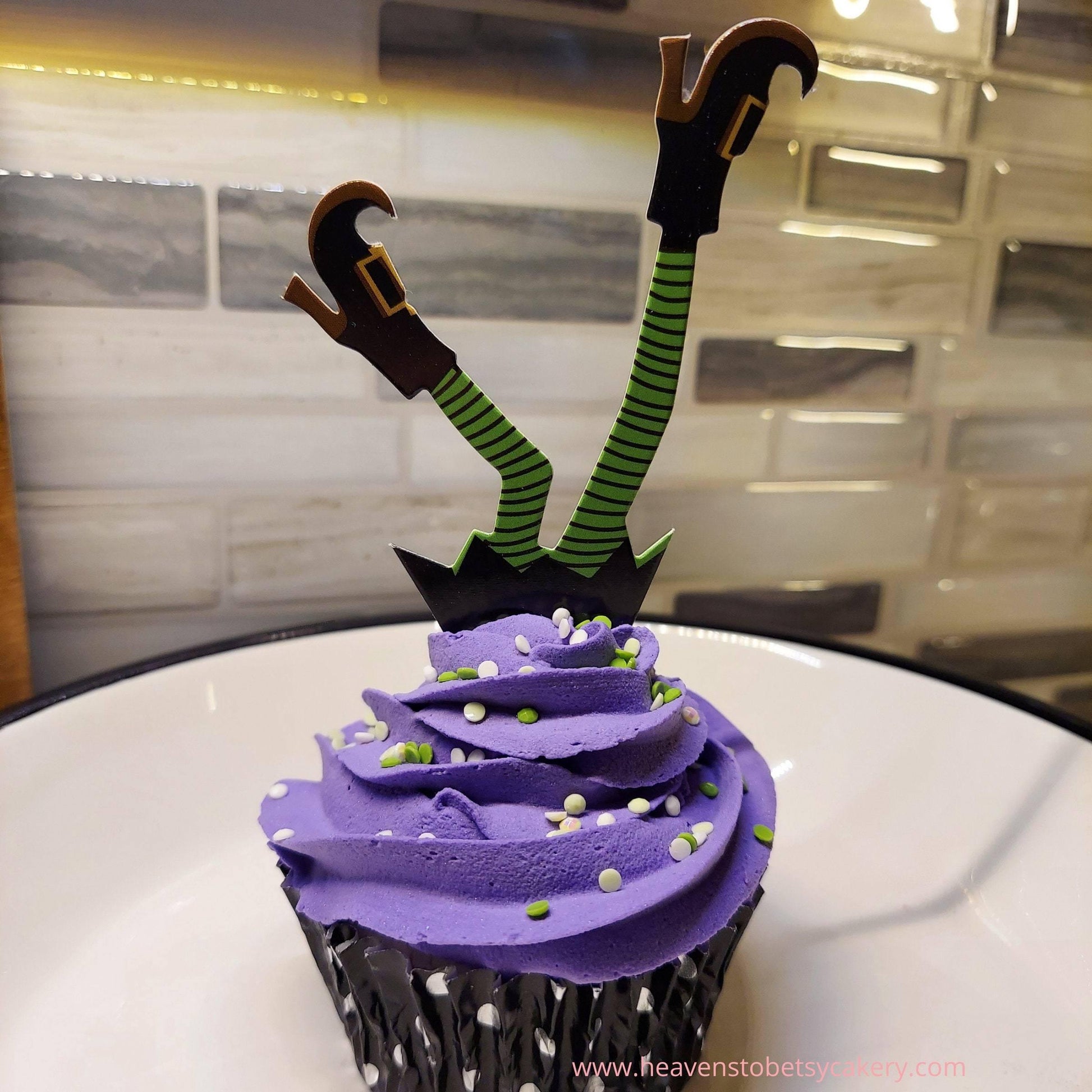 FAKE Halloween Cupcake Grape Icing w/Witches Legs - Heavens To Betsy Cakery