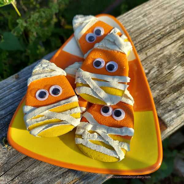 Fake Mummy Candy Corn Cookies, Halloween decor, tiered tray decor, farmhouse decor, spooky, fall decor, fake cookies, candy corn decor