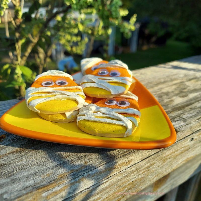 Fake Mummy Candy Corn Cookies, Halloween decor, tiered tray decor, farmhouse decor, spooky, fall decor, fake cookies, candy corn decor