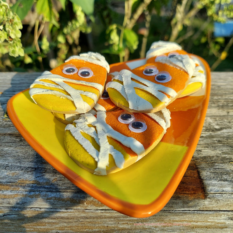 Fake Mummy Candy Corn Cookies, Halloween decor, tiered tray decor, farmhouse decor, spooky, fall decor, fake cookies, candy corn decor