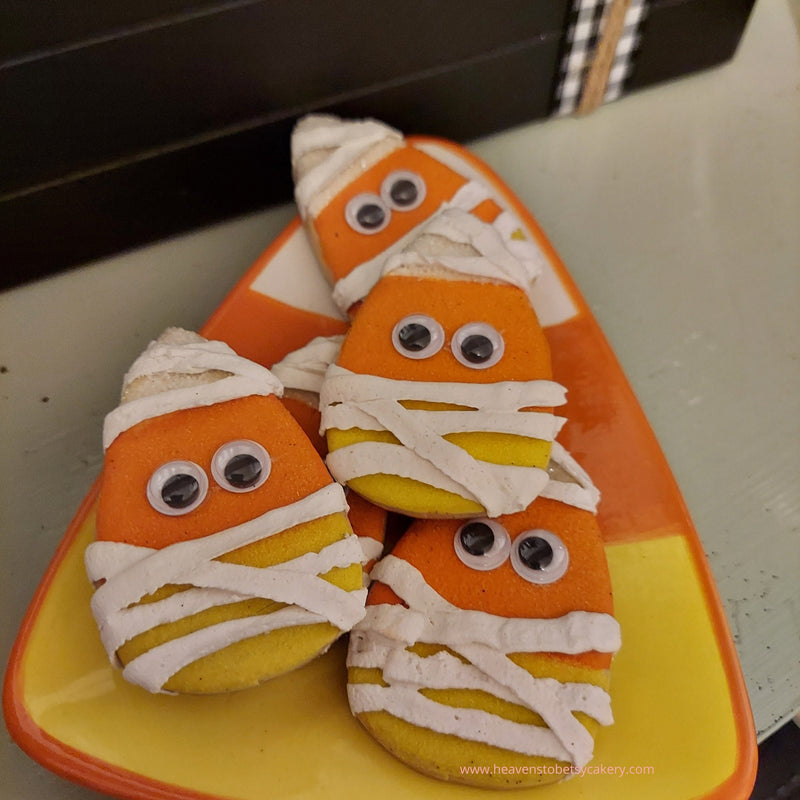 Fake Mummy Candy Corn Cookies, Halloween decor, tiered tray decor, farmhouse decor, spooky, fall decor, fake cookies, candy corn decor