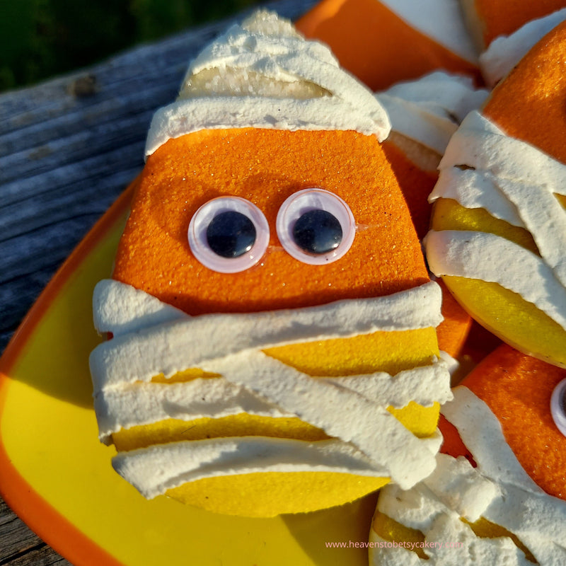 Fake Mummy Candy Corn Cookies, Halloween decor, tiered tray decor, farmhouse decor, spooky, fall decor, fake cookies, candy corn decor